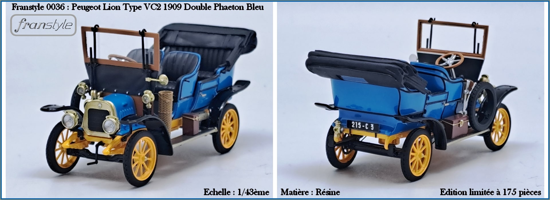 FRANSTYLE 0036 - PEUGEOT LION TYPE VC2 1909 DOUBLE PHAETON BLEU